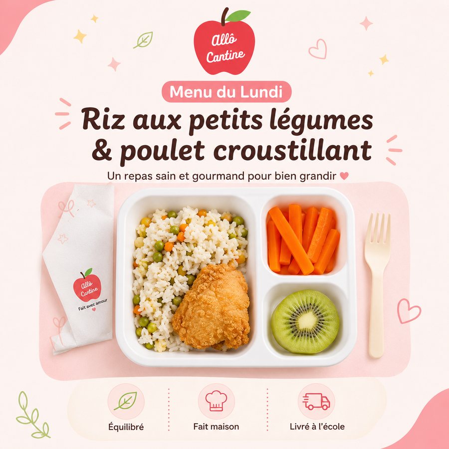Menu du lundi : riz aux petits légumes et poulet croustillant