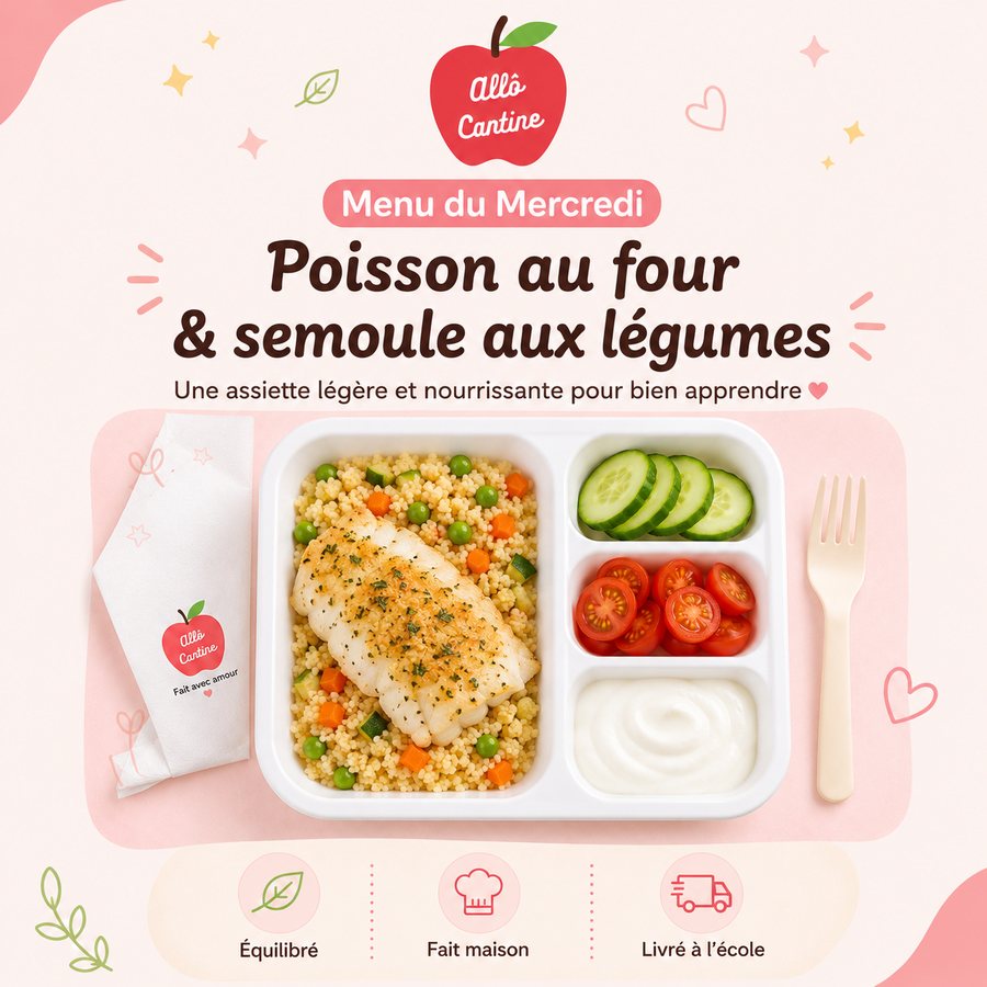 Menu du mercredi : poisson au four et semoule aux légumes
