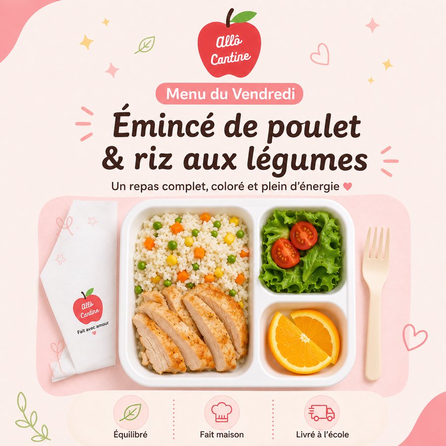Menu du vendredi : émincé de poulet et riz aux légumes