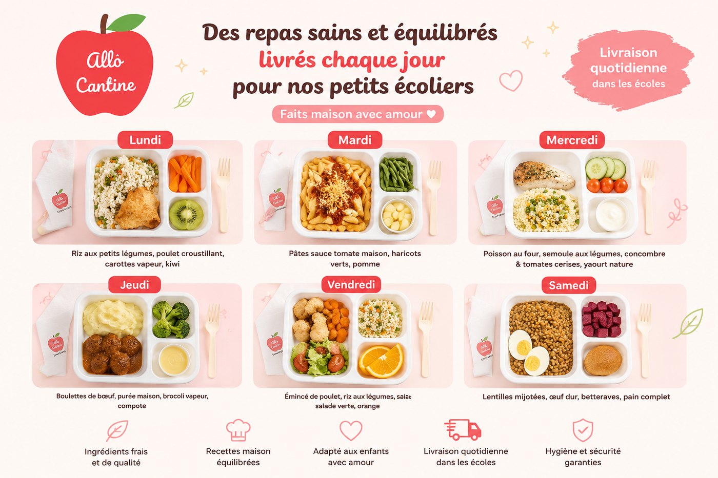 Menu hebdomadaire complet Allo Cantine — repas sains et équilibrés livrés chaque jour